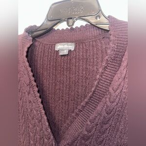 Eddie Bauer Women's Deep Purple V-Neck Braided Cardigan